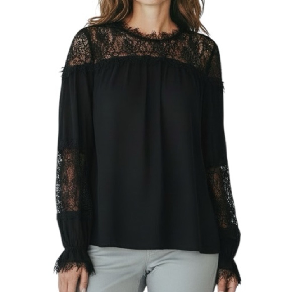 NWT WHITE HOUSE BLACK MARKET Black Long Sleeve Lace Detail Blouse Size Medium